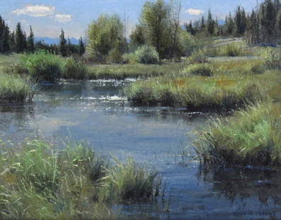 Robert Peters (b.1960) American Landscape Painting: Robert Peters [ 1960 - American ] Titled "Verdant Banks". Subject matter features a daytime river landscape with a small view of the mountains near a forest and a blue sky. Original oil on board. 