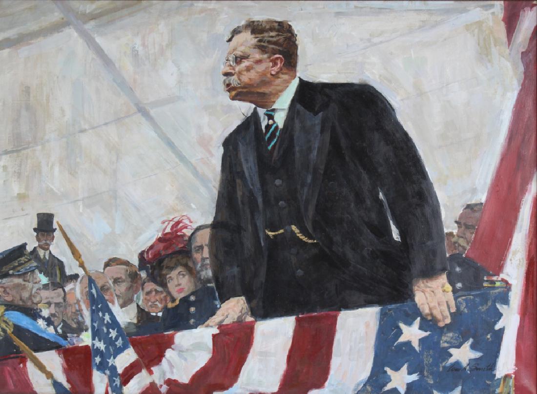William Arthur Smith American Roosevelt Painting: William Arthur Smith [ 1918 - 1989 ] American. Titled: "Theodore Roosevelt". Subject matter features a portrait of Theodore Roosevelt holding a flag, onlookers in the background. Original oil on canva