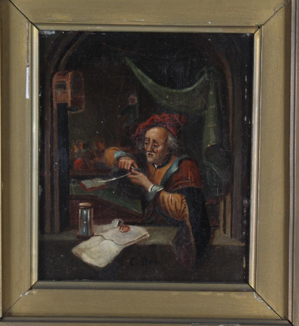 Old Signed C. Dow. Oil On Board Figural Painting: Old oil on board painting. Signed C. Dow lower center. Features an image depicting an elder sharpening a quill. Work measures 7 1/2" x 6 1/4". Housed in frame measuring 15" x 14". fir overall conditio