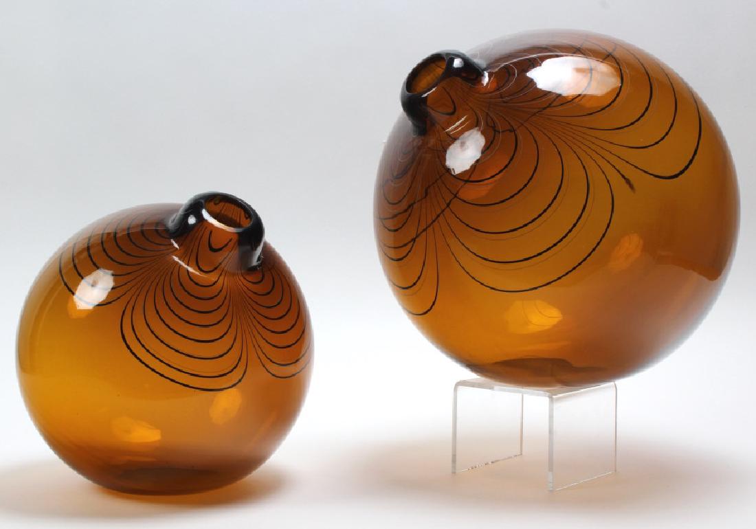 PAIR of Alberto Dona Italian Art Glass VWERIE Vase: Crafted of fine quality mouth blown Italian studio art glass. Venezia vessels by Alberto Dona (1944- Italy) Rich brown with concentric layers of black and white internal striping. Signed on bottom Alb