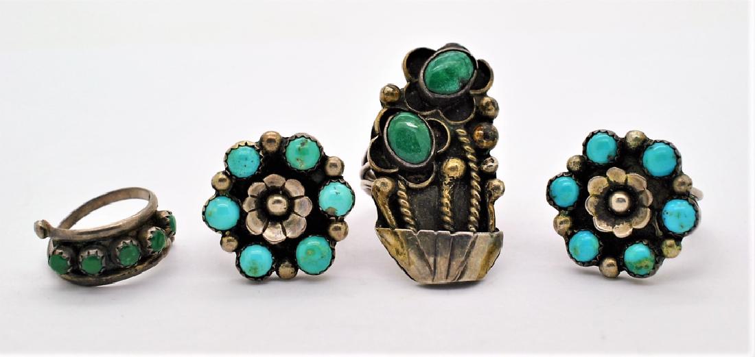 4 Native American Sliver Turquoise Flower Ring LOT (1 of 3)
