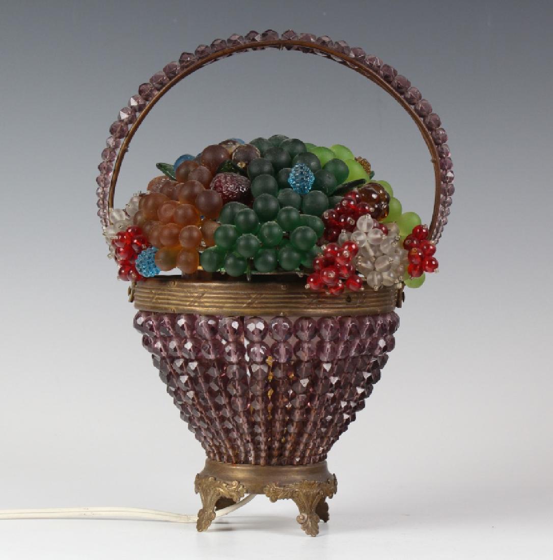 Czech Art Glass Fruit Handled Basket Boudoir Lamp: Crafted of Czech glass. Features hand wired glass fruit in jewel tone colors including molded strawberry and blackberries attached to a dome structure. Comes complete with purple faceted bead handled 