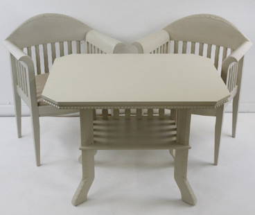 2 Eliel Saarinen Finnish White Arm Chairs & Table: Eliel Saarinen (1873-1950) was a Finnish architect who had a major impact on 20th century design through his own work. Made by ADELTA in Finland 1983. Good overall condition with minor wear consistent