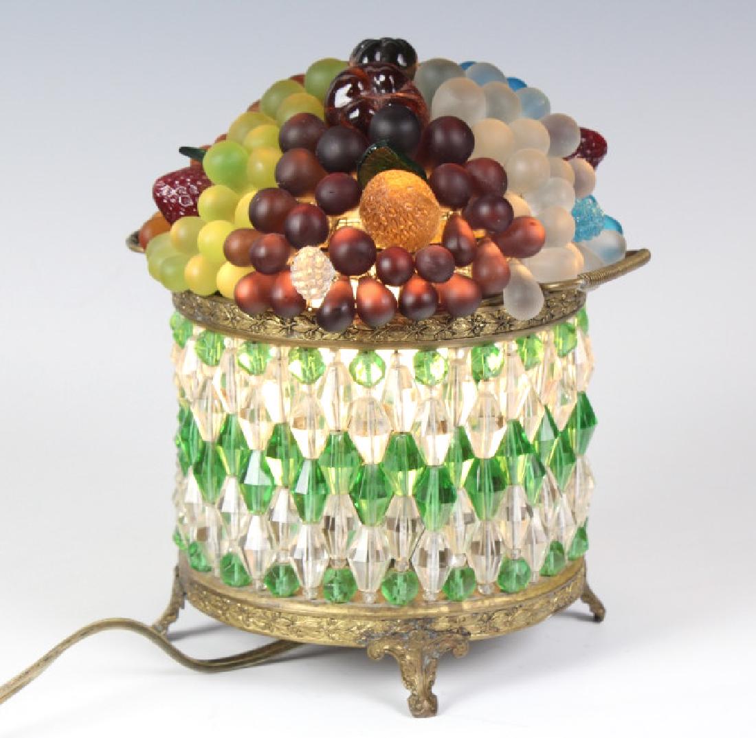 Czech Beaded Art Glass Fruit Basket Boudoir Lamp: Crafted of Czech glass. Features hand wired glass fruit in jewel tone colors including molded strawberries attached to a dome structure. Comes complete with emerald green and clear faceted beaded bask