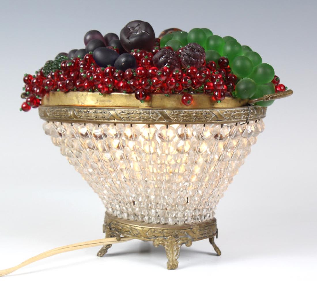 Czech Beaded Art Glass Fruit Basket Boudoir Lamp: Crafted of Czech glass. Features hand wired glass fruit in jewel tone colors including molded berries attached to a dome structure. Comes complete with clear faceted beaded basket with brass mountings