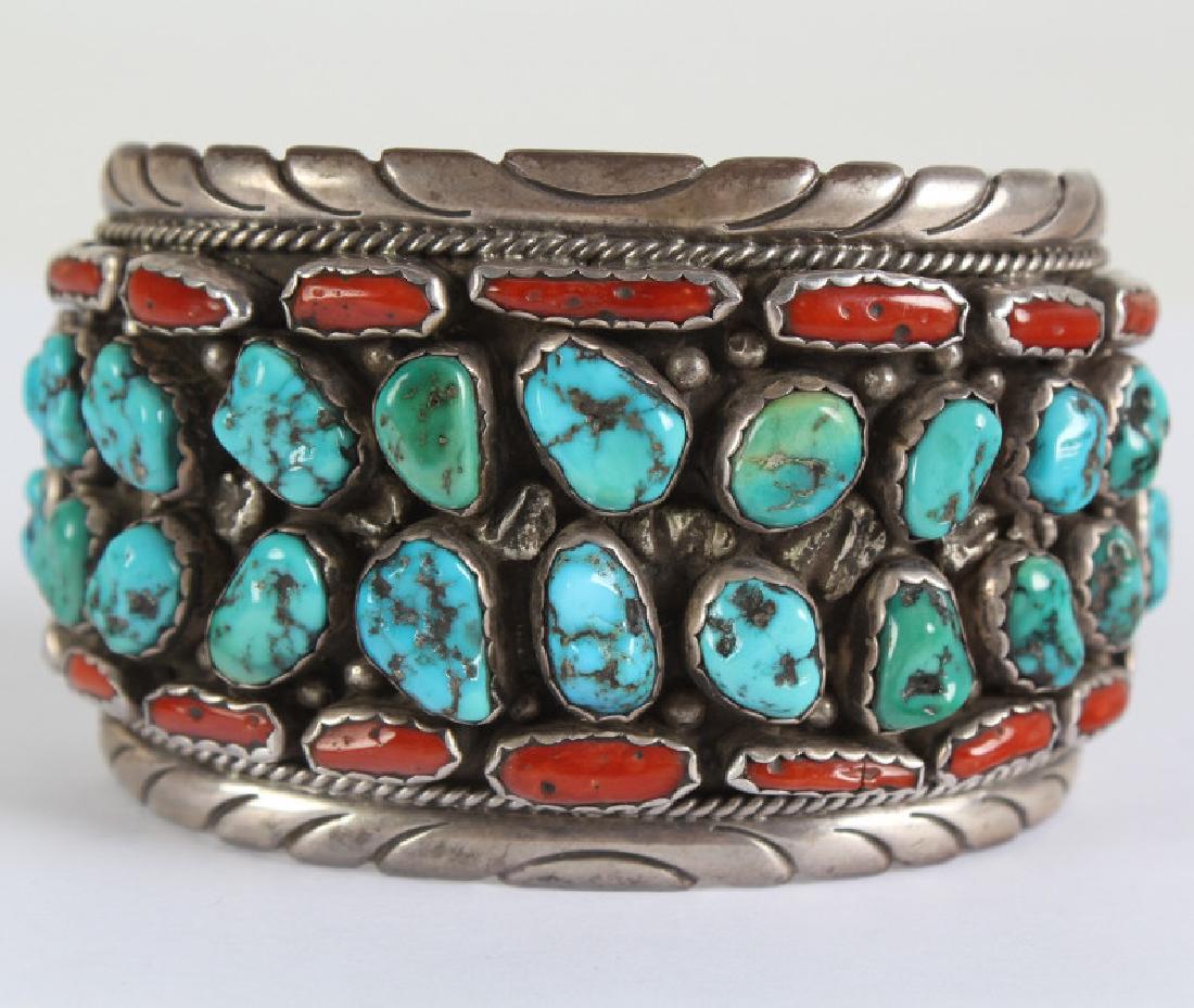 Navajo Coral & Turquoise Sterling Silver Bracelet (1 of 6)