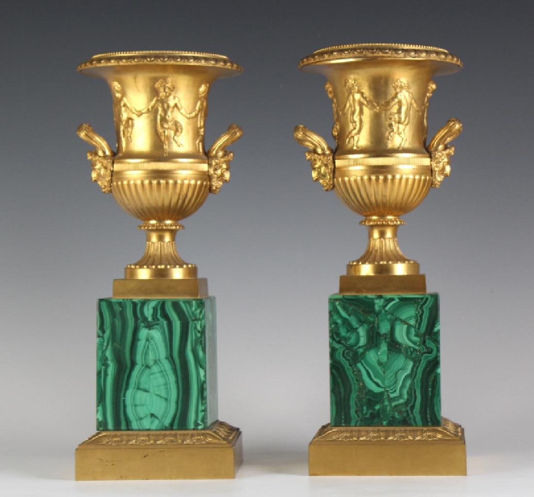 Pair Russian Dore Gilt Bronze Malachite Urn Vases (1 of 8)