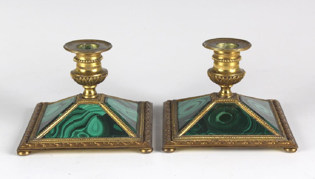 Pair Russian Gilt Bronze Malachite Low Candlestick (1 of 7)