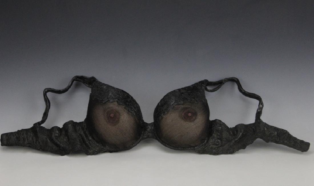 Laura Jacobs b.1960 Risque Nude Bra Art Sculpture: Laura Jacobs (born 1960) American, California/Florida. Original mixed media art sculpture. Artwork features a see through black lace brasserie exposing underlying nipples. Signed, dated & titled on ve