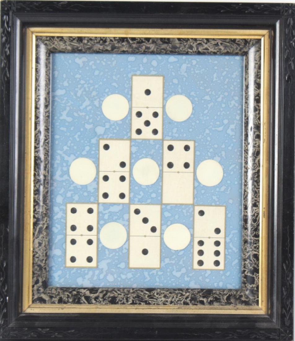 Antique Mixed Media JEU DE DOMINO Art Collage: Antique mixed media collage. Depicts dominoes and chips with painted dominoes on paper and chips crafted from natural bone, all on a speckled blue ground. Sight measures 11 1/2" x 9 1/2". Housed in fr