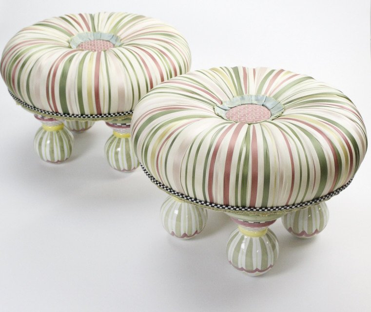 Pair Mackenzie Childs Silk Upholstered Ottoman (1 of 8)