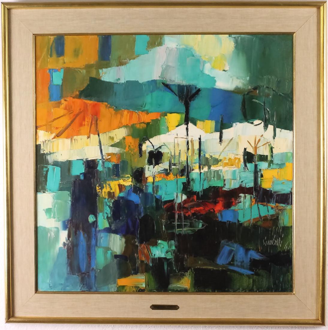 Nicola Simbari (1927-2012) Italian Market Oil Painting: Guaranteed Authentic. Nicola Simbari (1927-2012) Italy. Original oil on canvas painting. Features the work titled; The Green Market. Signed lower right and dated 61'. Depicts the impressionist image o