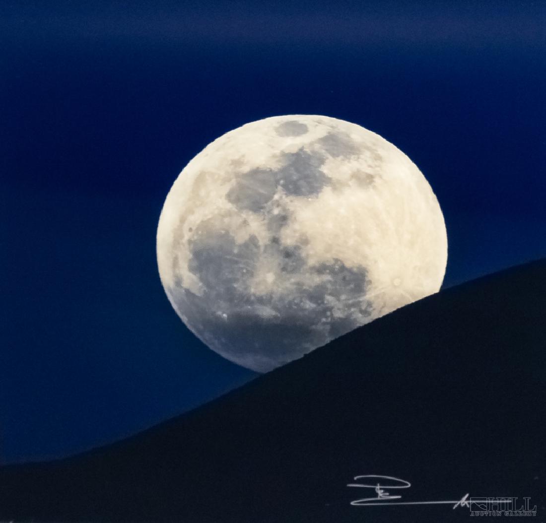 Peter Lik b.1959 Nighttime Moon Photograph SIGNED: Guaranteed Authentic. Peter Lik (b.1959, Australian). Amazing photo of space and celestial imagery with the moon. Image depicts a cosmic scene with a bright strong moon. Signed lower right. Measures 9