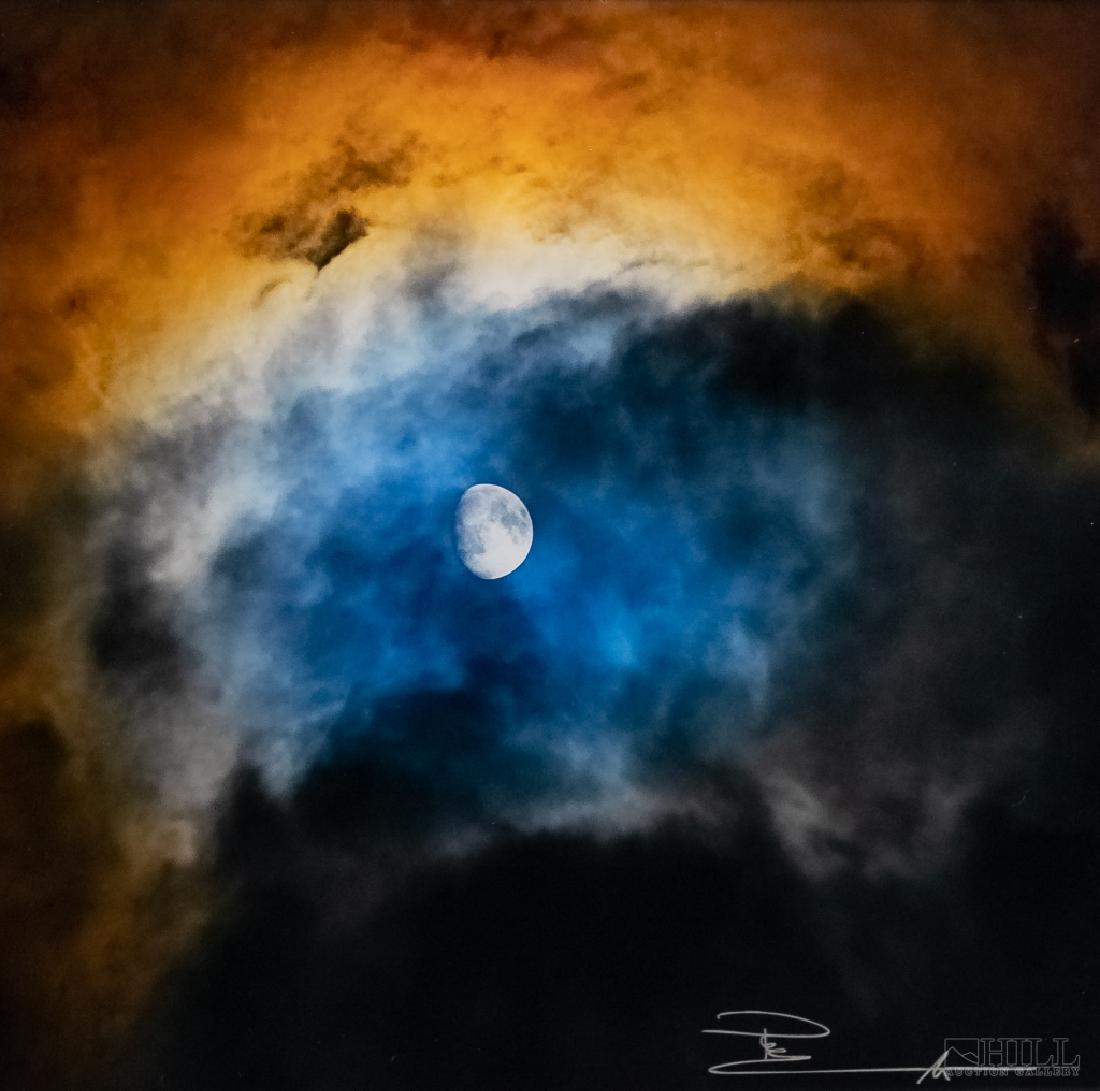 Peter Lik 1959 Mystic Space Moon Photograph SIGNED: Guaranteed Authentic. Peter Lik (b.1959, Australian). Stunning photo of the sky and celestial imagery. Image depicts a cosmic scene with the moon small yet powerful, dust and clouds with various hues