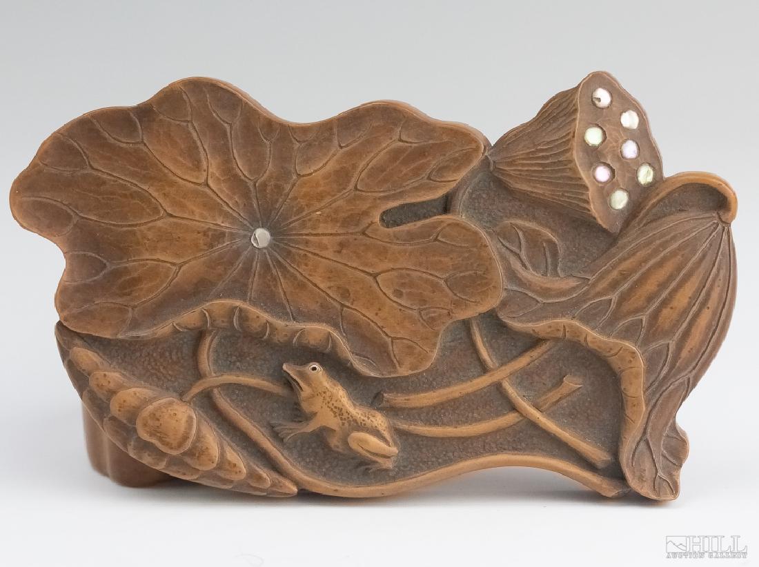 Japanese Meiji Period Carved Wooden Box with Lotus (1 of 7)