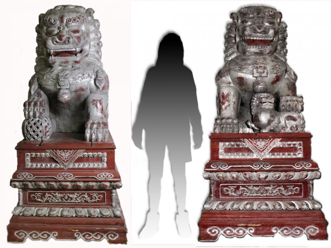 Chinese PAIR Palace Sized Wood Foo Dog 82"x40"x53" (1 of 8)