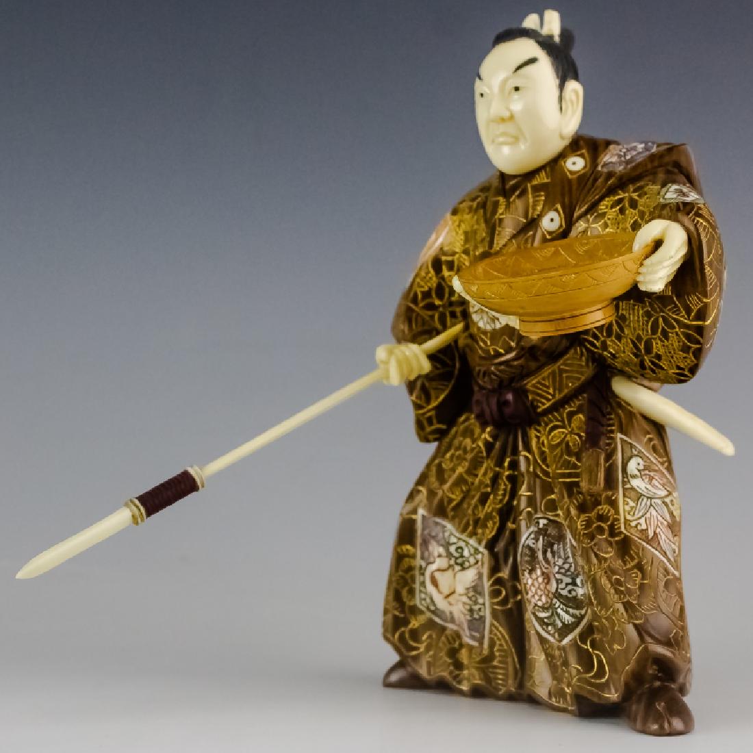 Japanese Hardwood Inlaid Samurai Warrior Statue (1 of 6)