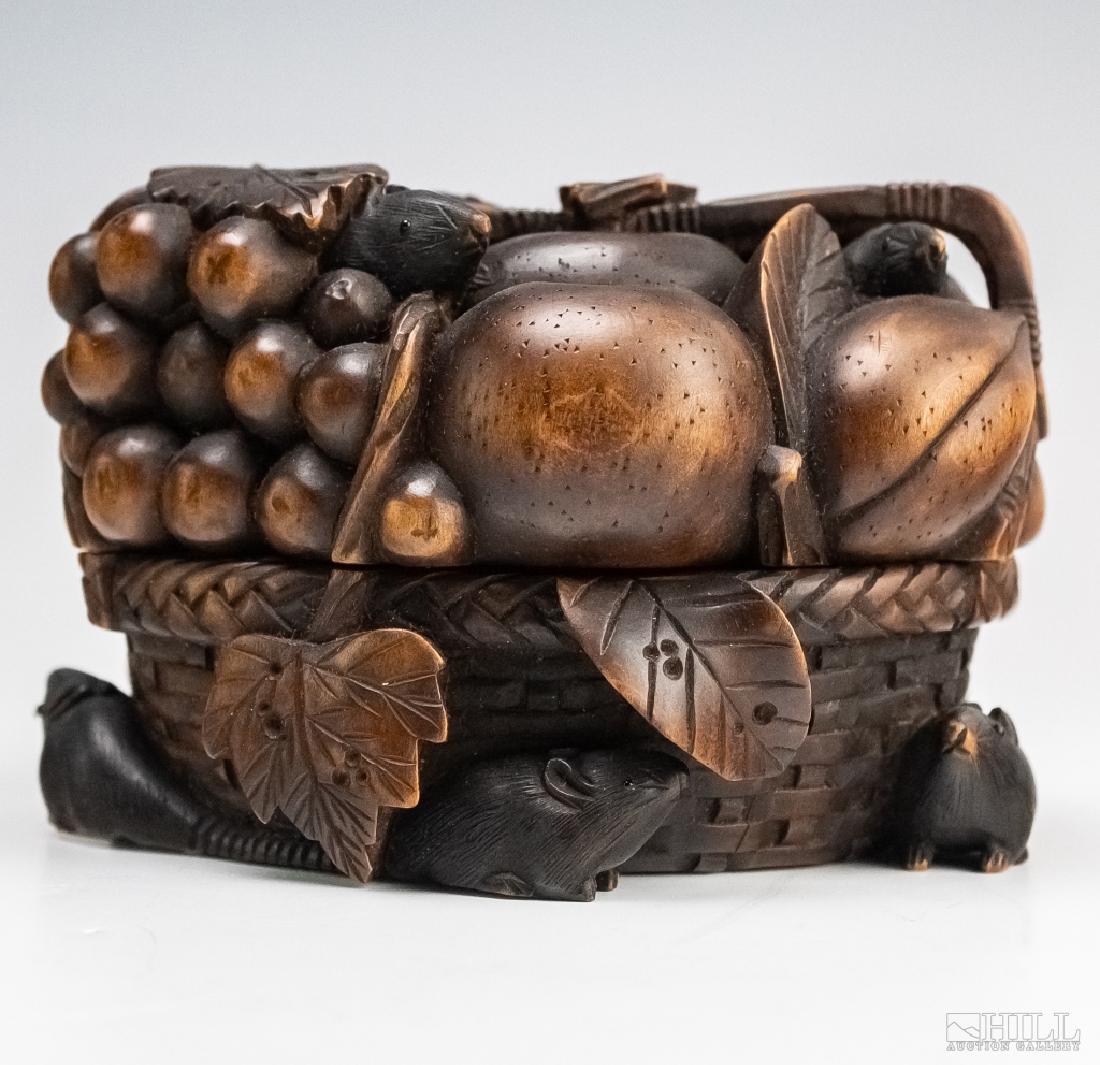 Japanese Meiji Period Carved Wood Fruit Basket Box