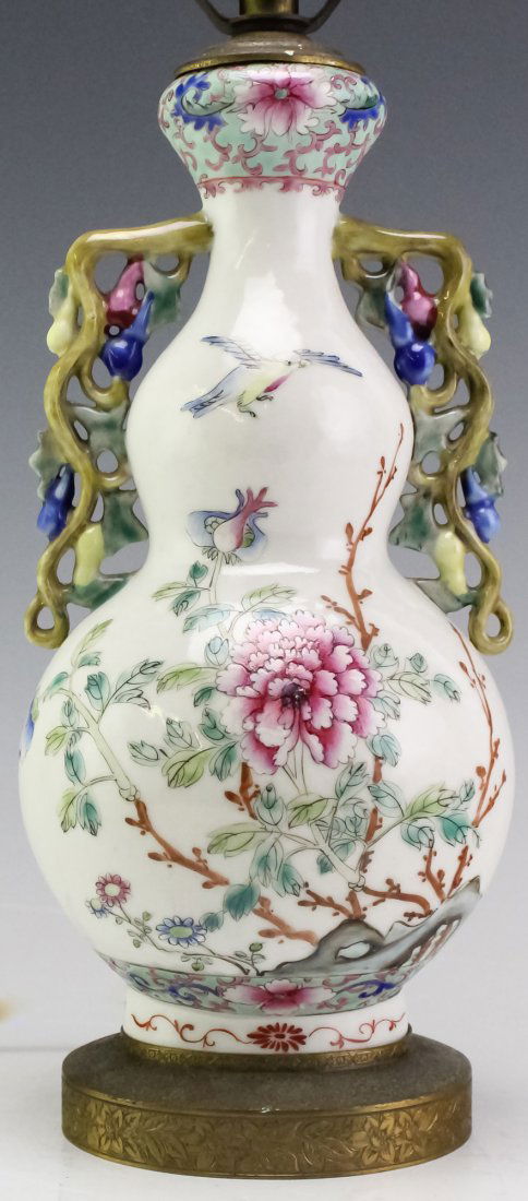 Chinese Export Famille Rose Double Gourd Vase Lamp (1 of 8)
