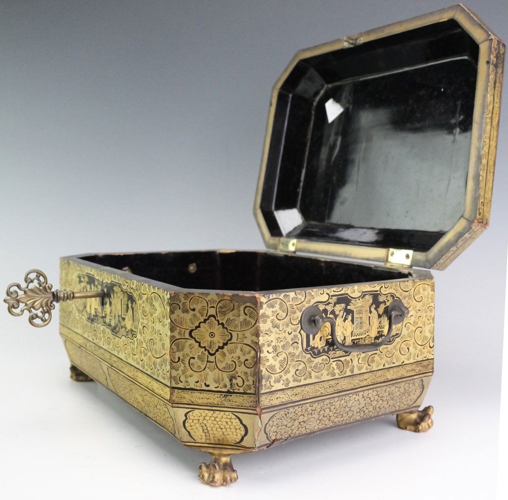 Chinese Gold Lacquer Court Scene Wood Lock Box (1 of 9)