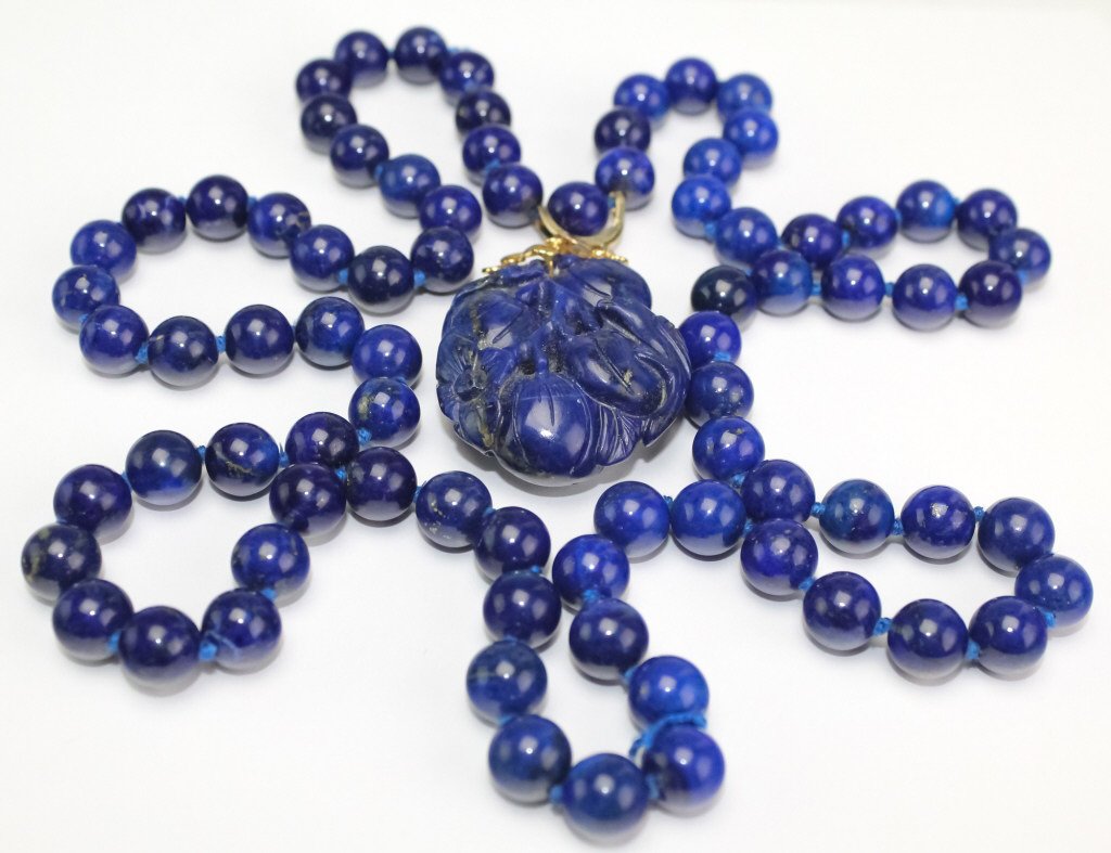 Chinese Carved Blue Lapis 14K Necklace Pendant (1 of 6)