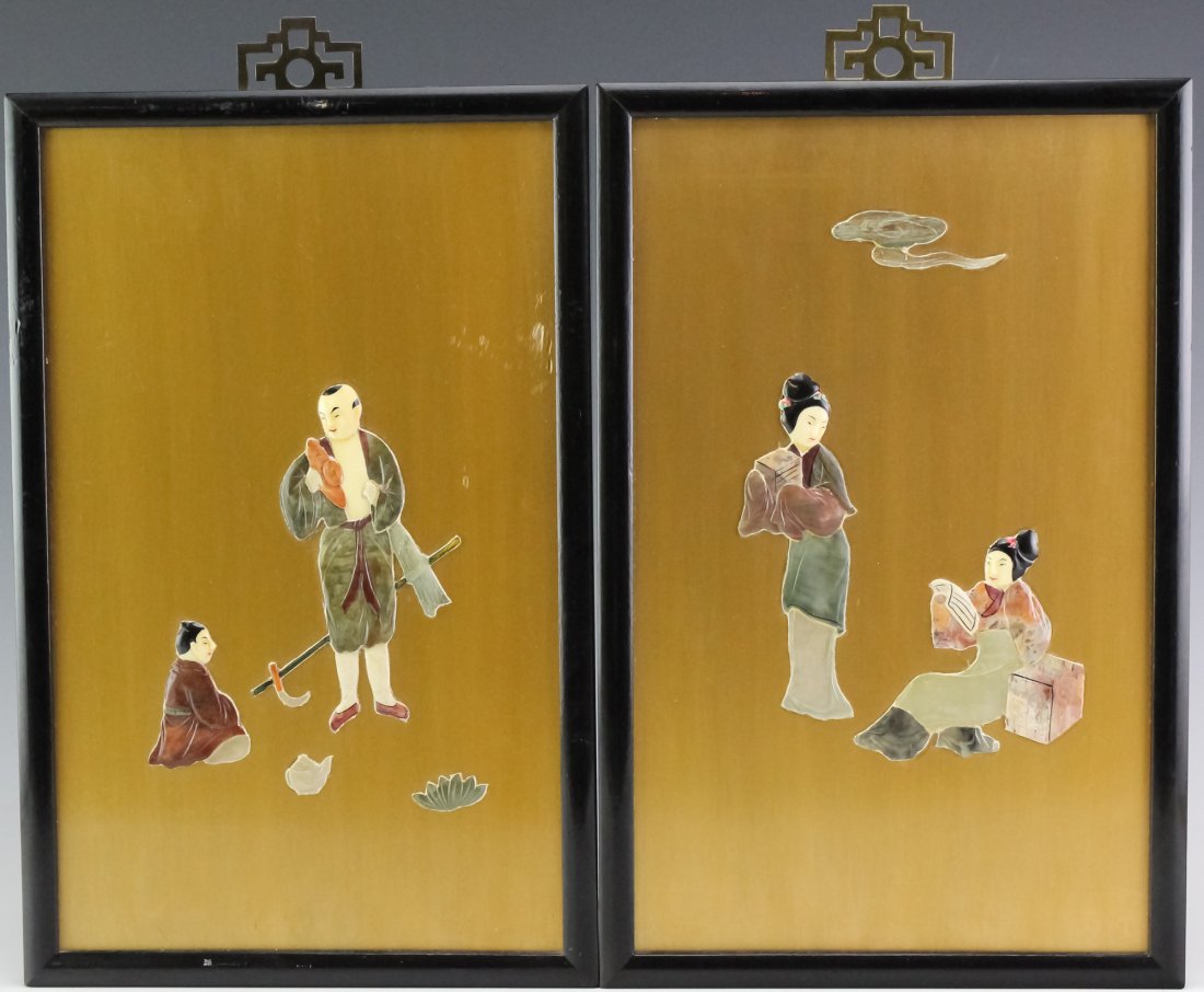 Chinese PAIR Carved Stone Figural Hanging Panels (1 of 4)