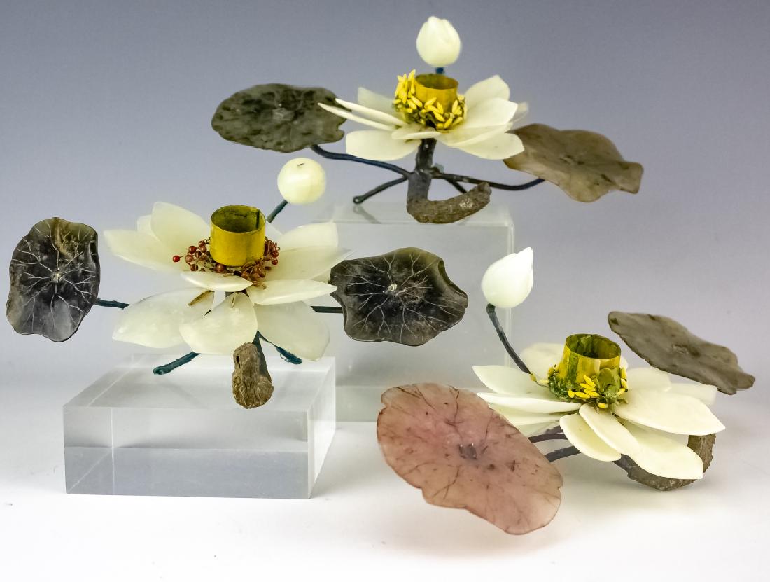Chinese Export SET of 3 Jade Lotus Candle Holders (1 of 6)