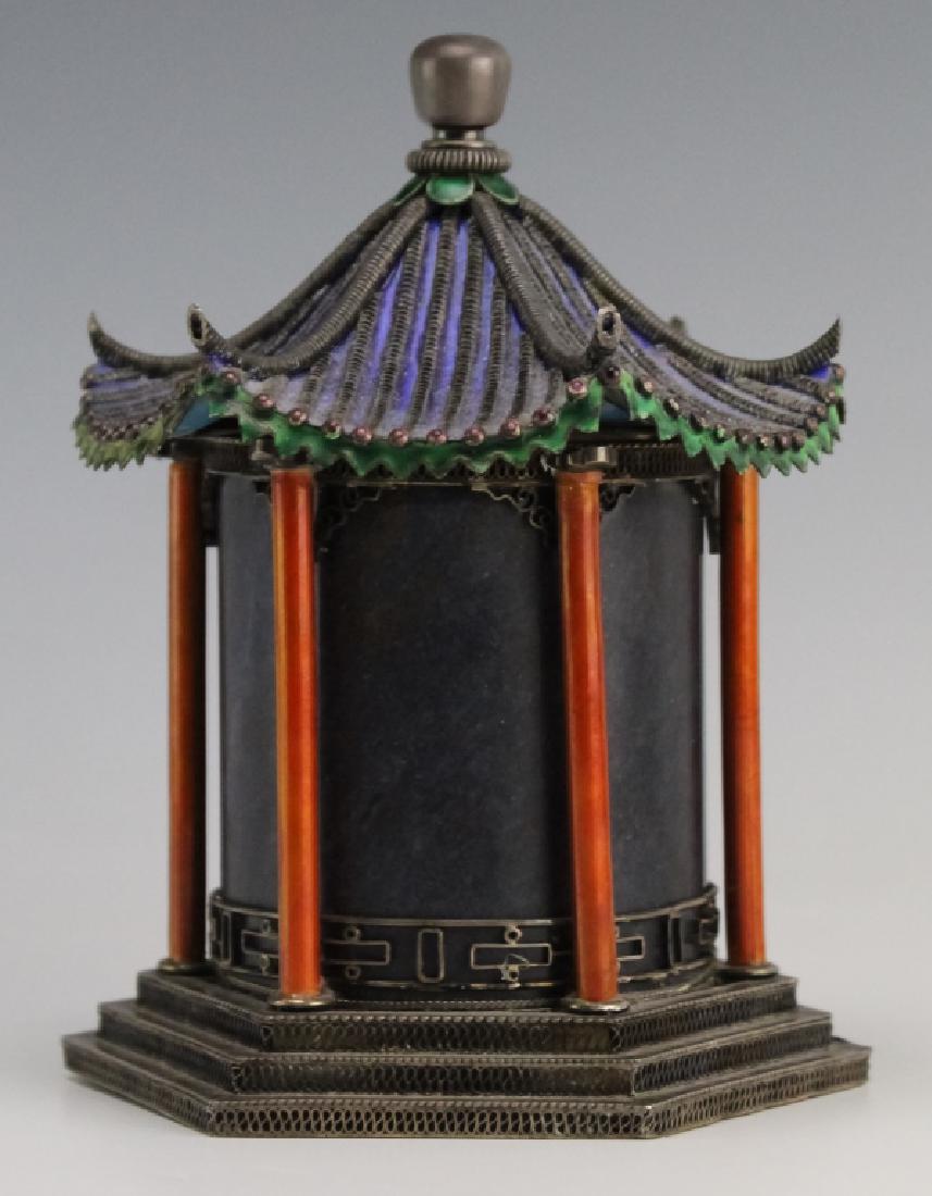 Chinese Silver Enamel Lapis Pagoda Tea Caddy Box (1 of 9)