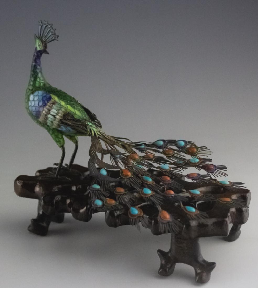 Chinese Silver Cloisonne Enamel Peacock Statue (1 of 4)