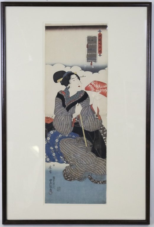 Framed Japanese Woodblock Print of Geisha Girl: Antique Japanese Meiji period wood block print. Depicts a seated Geisha girl with ruler. Signed with Japanese characters upper right and lower left. Housed in a wood frame. Image size measures 29" x 9