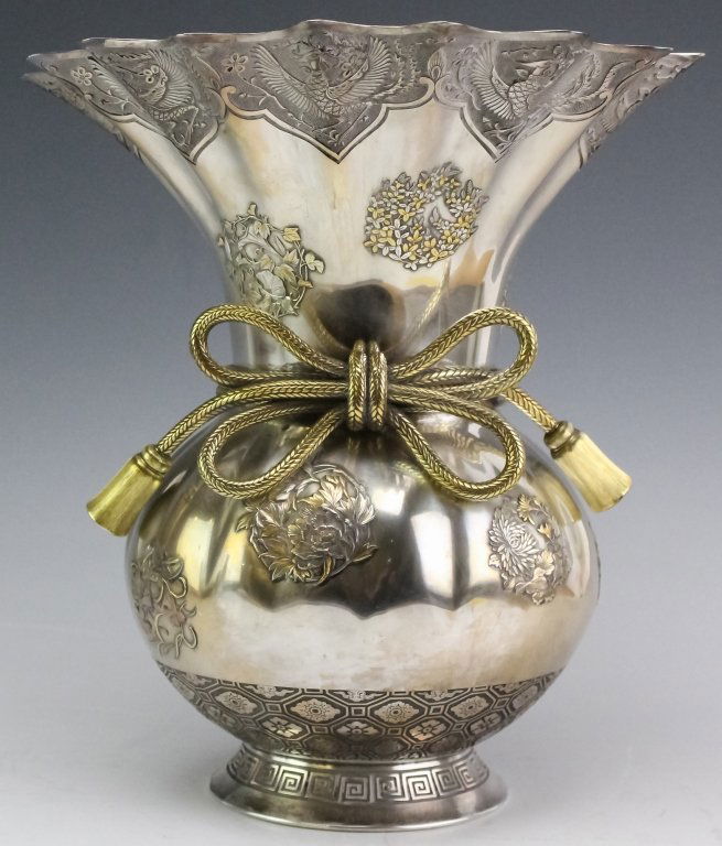 Japanese Meiji Fine Silver Treasure Sack Vase RARE (1 of 10)