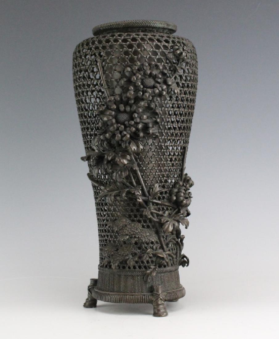 Japanese Meiji Era Reticulated Bronze Ikebana Vase (1 of 10)