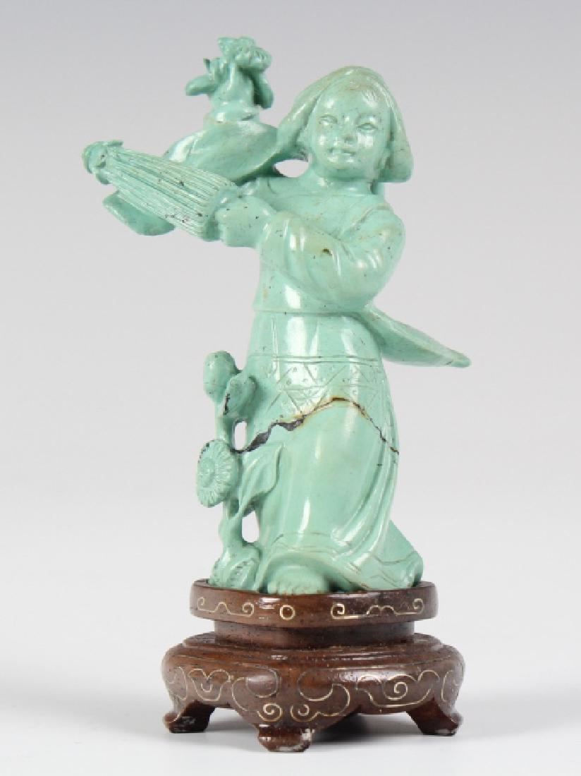 Chinese H-Carved Turquoise Lady w/ Umbrella Statue (1 of 5)