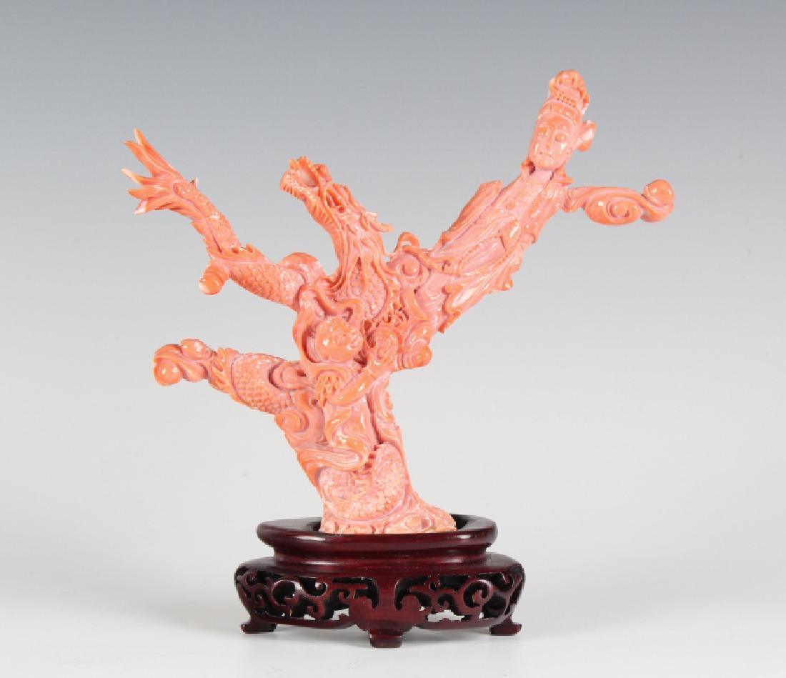 Chinese 8" Guan Yin Dragon Red Salmon Coral Statue (1 of 7)