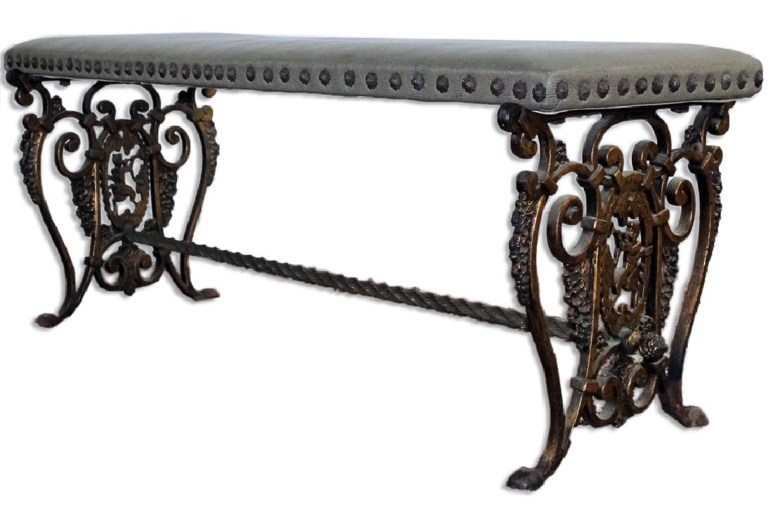 Oscar Bach Ornate Gilt Iron Upholstered Bench (1 of 4)