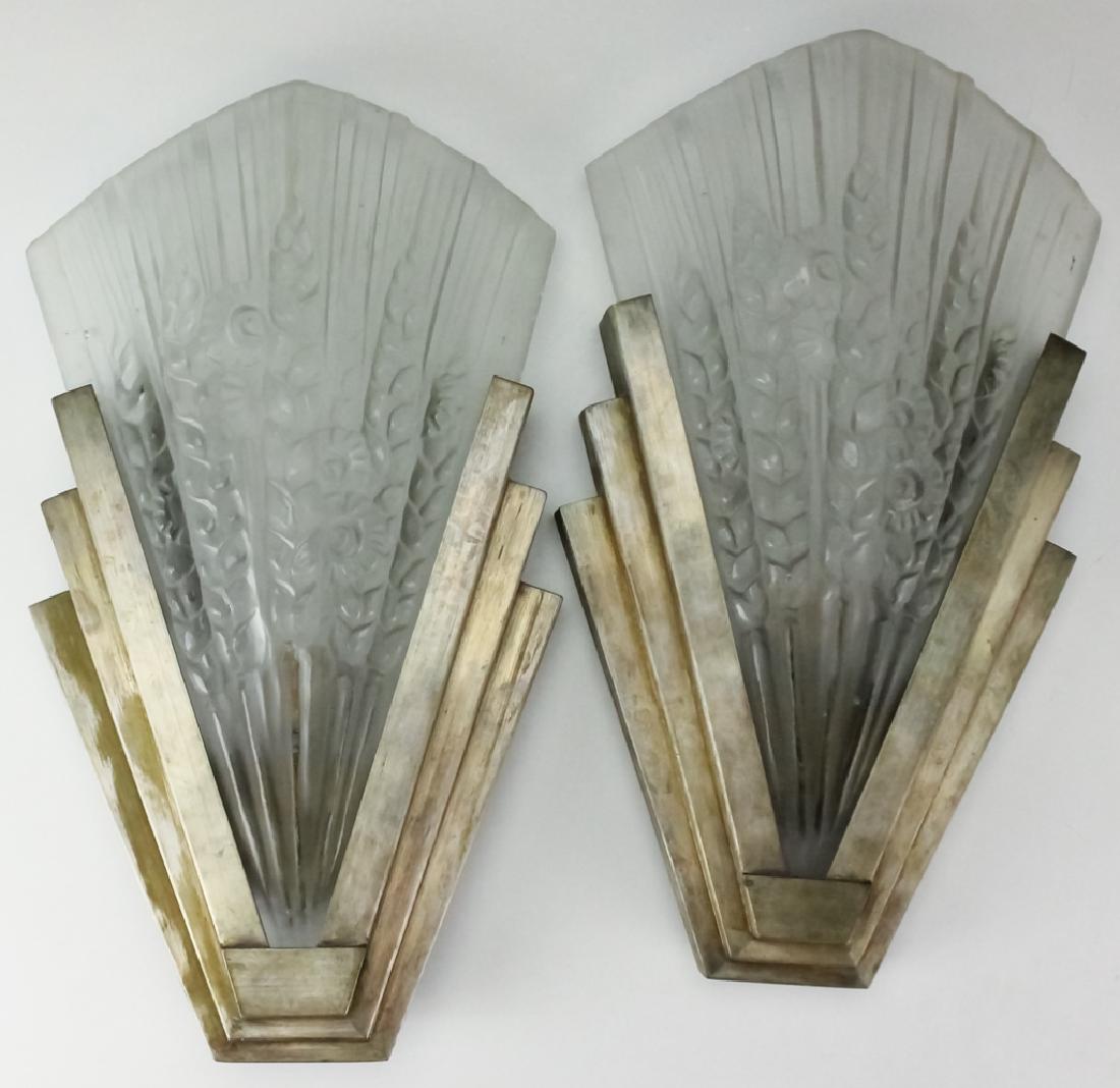 Pair French Art Deco Floral Wheat Glass Sconces (1 of 5)