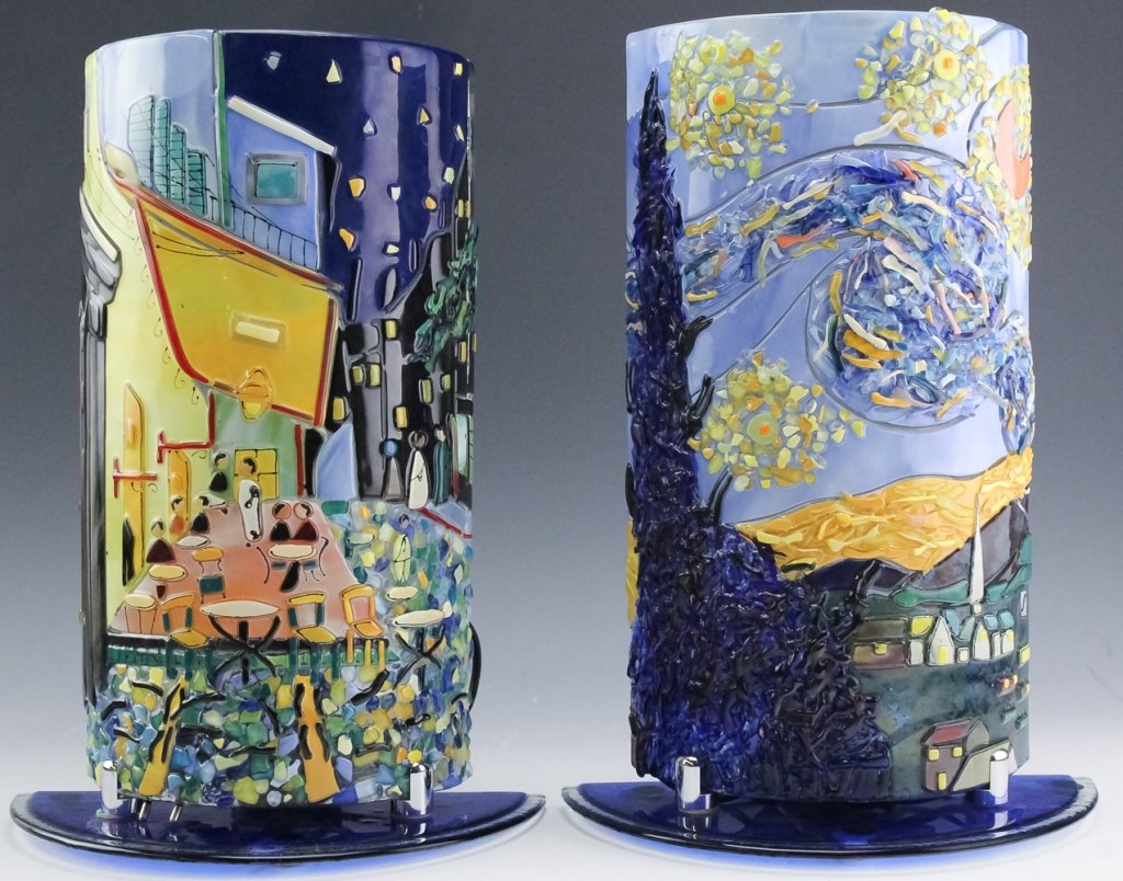Pr. Signed Murano Mosaic Art Glass Van Gogh Lamp: Pair of Italian Murano studio art glass mosaic lamps. Features a pair of mosaic glass shades with different scenes depicting representations of work from Vincent Van Gogh. Each shade rests on a glass 