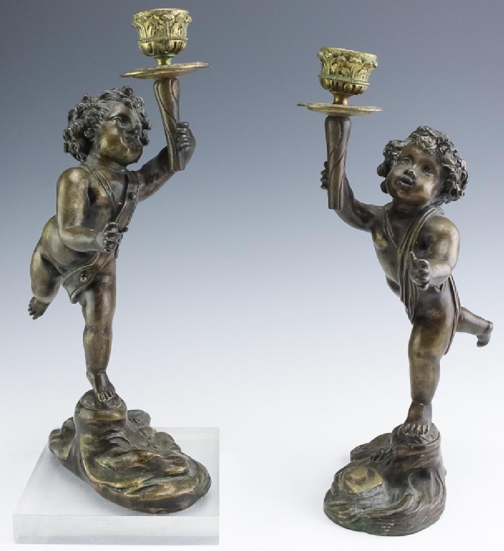 Pair Fine Antique Bronze Putti Cherub Candlesticks (1 of 6)