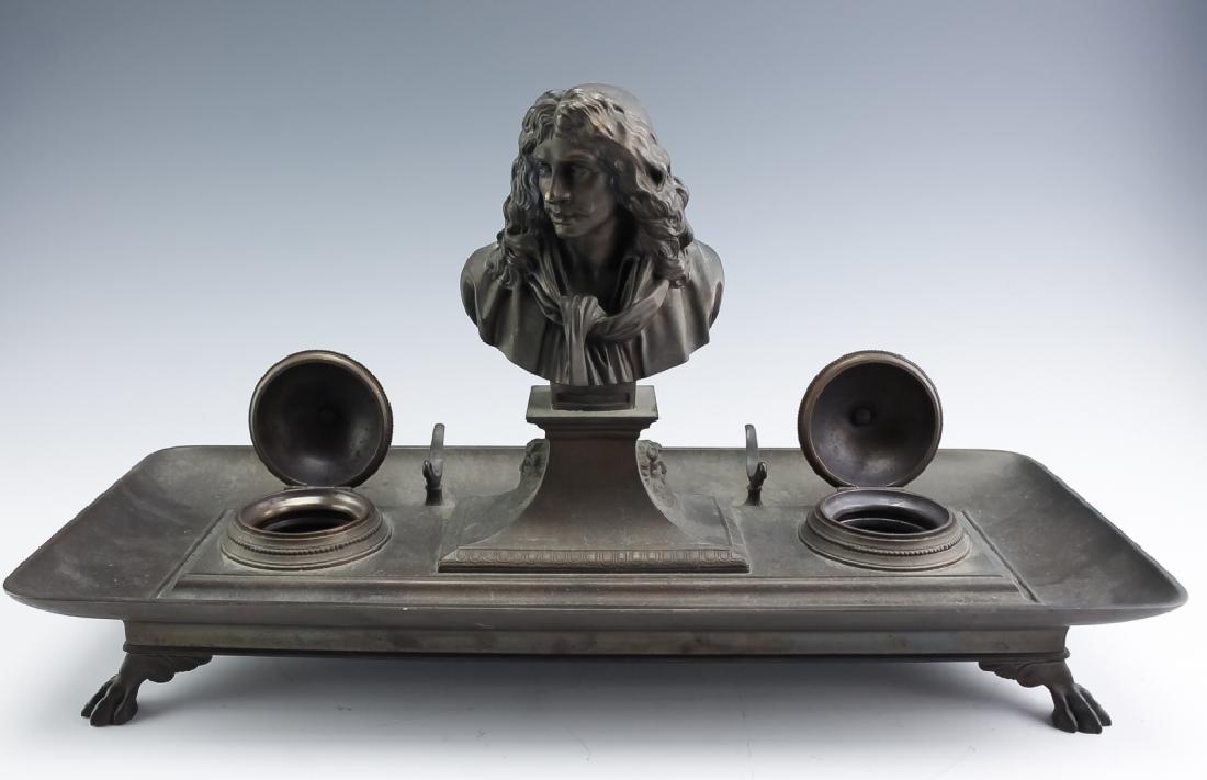 Barbedienne Signed Bronze Moliere Double Inkwell (1 of 8)