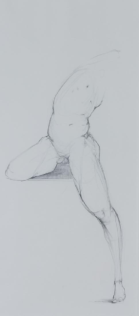 Gary Weisman b.1952 American Male Nude Drawing: Signed original sanguine crayon on paper drawing by Gary Michael Weisman (1952- American) "Male Nude", 2001 depicts the male figure in a stretching motion. Housed in a dark wood frame under white matt