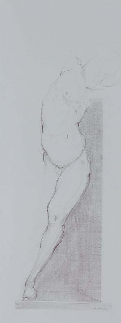 Gary Weisman b.1952 American Male Nude Drawing: Signed original conte crayon on paper drawing by Gary Michael Weisman (1952- American) "Male Nude", 2001 depicts the male figure in a stretching motion. Housed in a dark wood frame under white matting