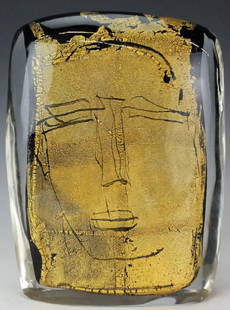 Luigi Benzoni Italian Murano Art Glass Scupture: Signed original Murano Italian art glass sculpture by Luigi Benzoni (1956- Italy) "Volto" features a mans face against a gold leaf backdrop with black glass cased in clear crystal. Artist signed lower