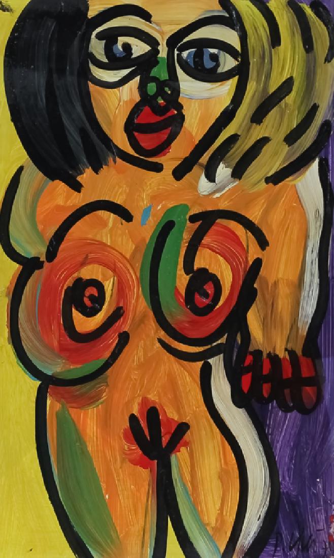 Peter Keil German Nude Neo Expressionist Painting: Peter Robert Keil (1942-) Germany, oil on board painting. Features a nude portrait of a woman in a neo expressionist, abstract form. Signed lower right and dated 74. Work measures 20" x 12". Good over