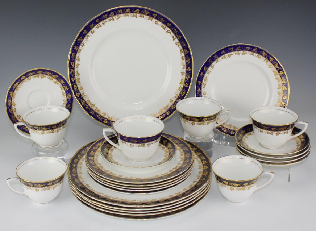 Royal Worcester Arundel English Bone China 24 PCS: Royal Worcester Arundel English bone china. Comes with 6 dinner and 6 salad plates with 6 cups and saucers. All decorated with gold and cobalt. Marked with Royal Worcester back stamp. Good overall con