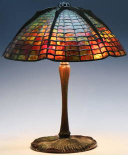 Tiffany Studios Stained Glass Spider Table Lamp: Rare "Spider and web" table lamp signed Tiffany Studios New York. Shade marked 1424. Base marked 337. Measures 18" x 15 1/4". Good estate fresh to market condition with mild surface wear and patina, S