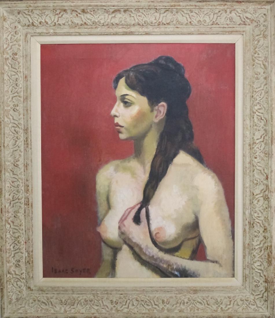 Issac Soyer (1902-1981) American Nude Painting: Isaac Soyer (1902 - 1981) New York Russian Federation. Original oil on canvas painting. Depicts a female nude portrait. Housed in a ornate wood frame. Signed lower left. Artwork measures approximately