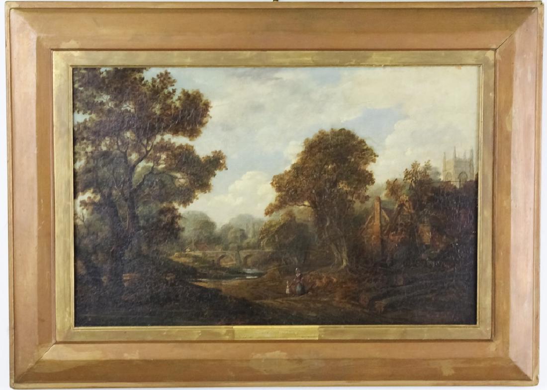 James Stark 1794-1859 English Landscape Painting: Antique original oil on board painting attributed to James Stark (1794-1859 United Kingdom) Depicts an English landscape with cottage and figures. Housed in a gold painted frame. Work window measures
