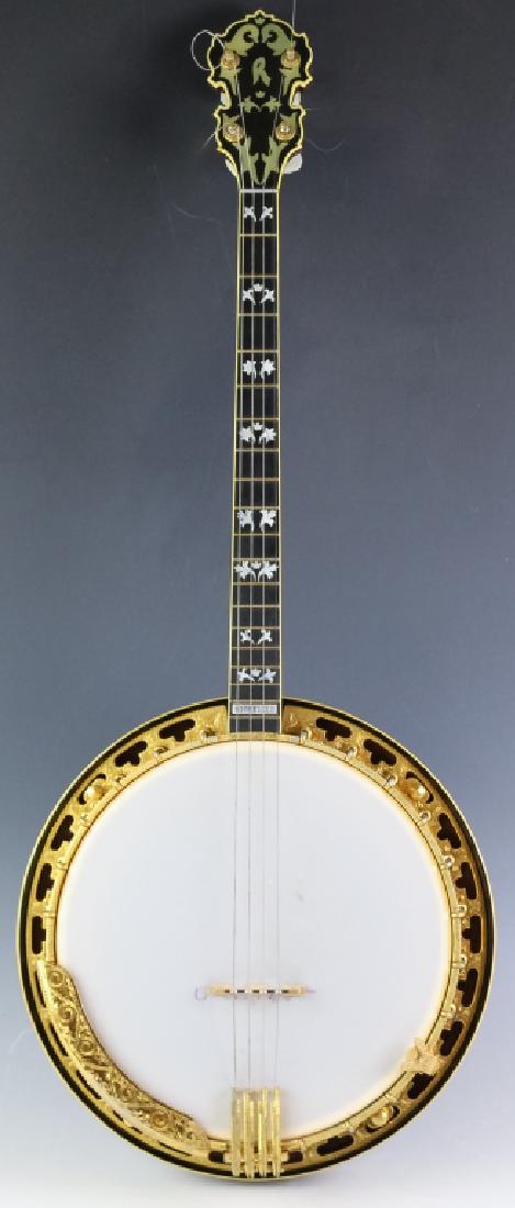 Rare Richelieu 4201 Four String Banjo w/ Case: Vintage 4 string banjo by RICHELIEU .Model number 4201. Serial number 909429. Features a wood marquetry eagle on the back of the resonator. Mother of pearl inlay in the neck and frets. Etched scroll d