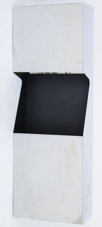 Neal Small Kovacs Chrome Light Magazine Fixture: Crafted of high polished metal with a chrome finish. Designed by Neal Small and manufactured by Kovacs. Measures 34 1/2" x 12" x 5 1/2". Good condition with mild surface wear and corrosion. Wires with