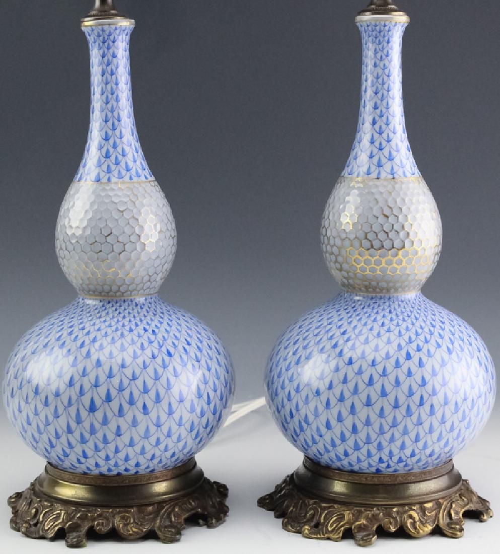 Pair Herend Blue Porcelain Table Lamps